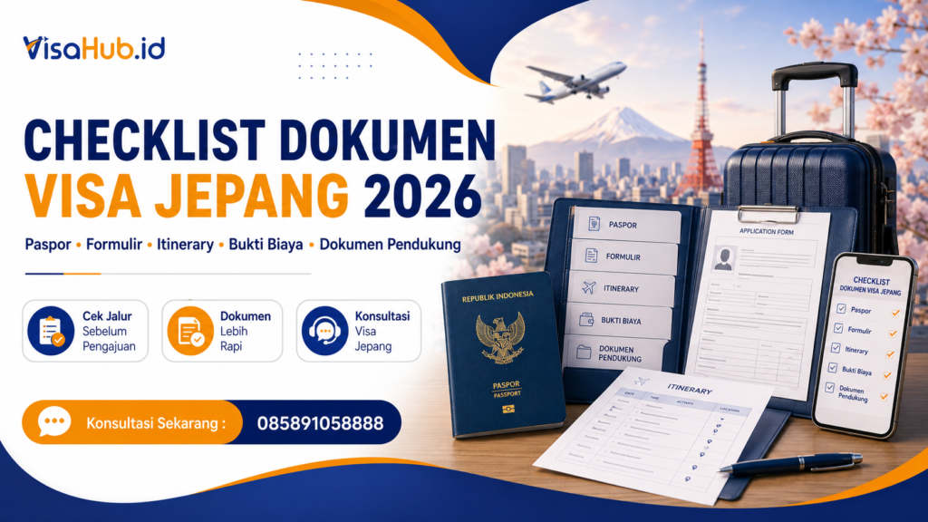 Paspor Indonesia, formulir aplikasi, itinerary, dan dokumen pendukung untuk pengajuan visa Jepang.