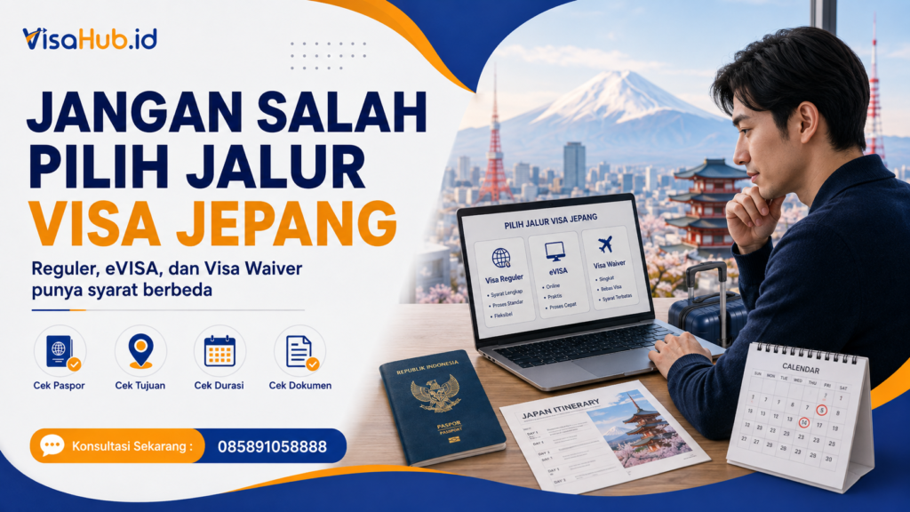 Traveler mengecek pilihan visa reguler, eVISA, dan visa waiver Jepang sebelum menyiapkan dokumen.