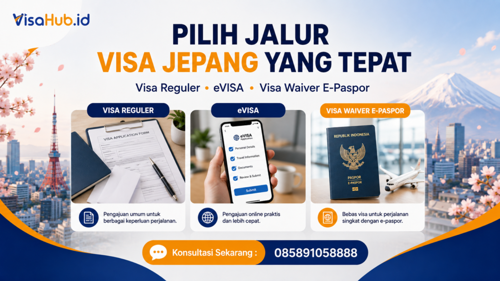 Ilustrasi tiga jalur visa Jepang untuk WNI: visa reguler, eVISA, dan visa waiver e-paspor.