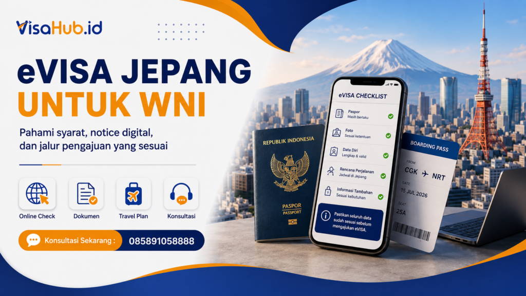Smartphone dengan checklist eVISA Jepang, paspor Indonesia, dan dokumen perjalanan wisata ke Jepang.